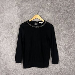 Ann Taylor Loft Sweater Womens Medium Black Rhinestone Neckline 3/4 Sleeve Knit
